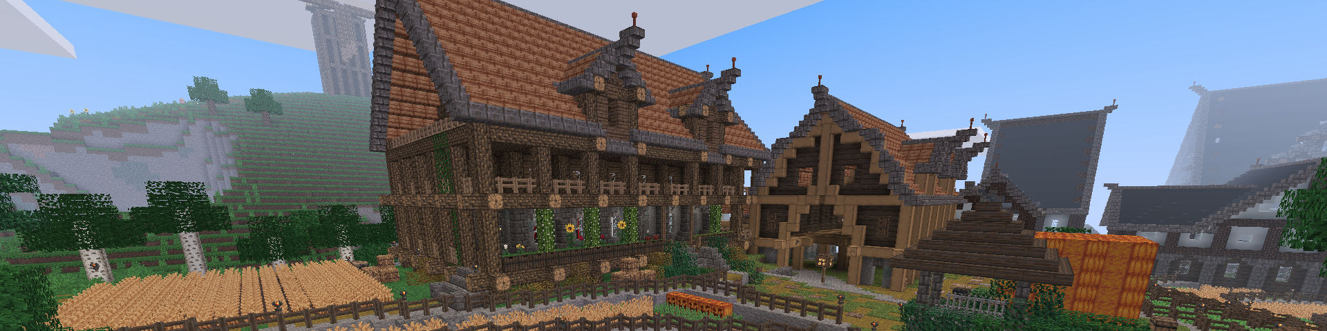 Medieval-style timber buildings and a farm built in Mineclonia